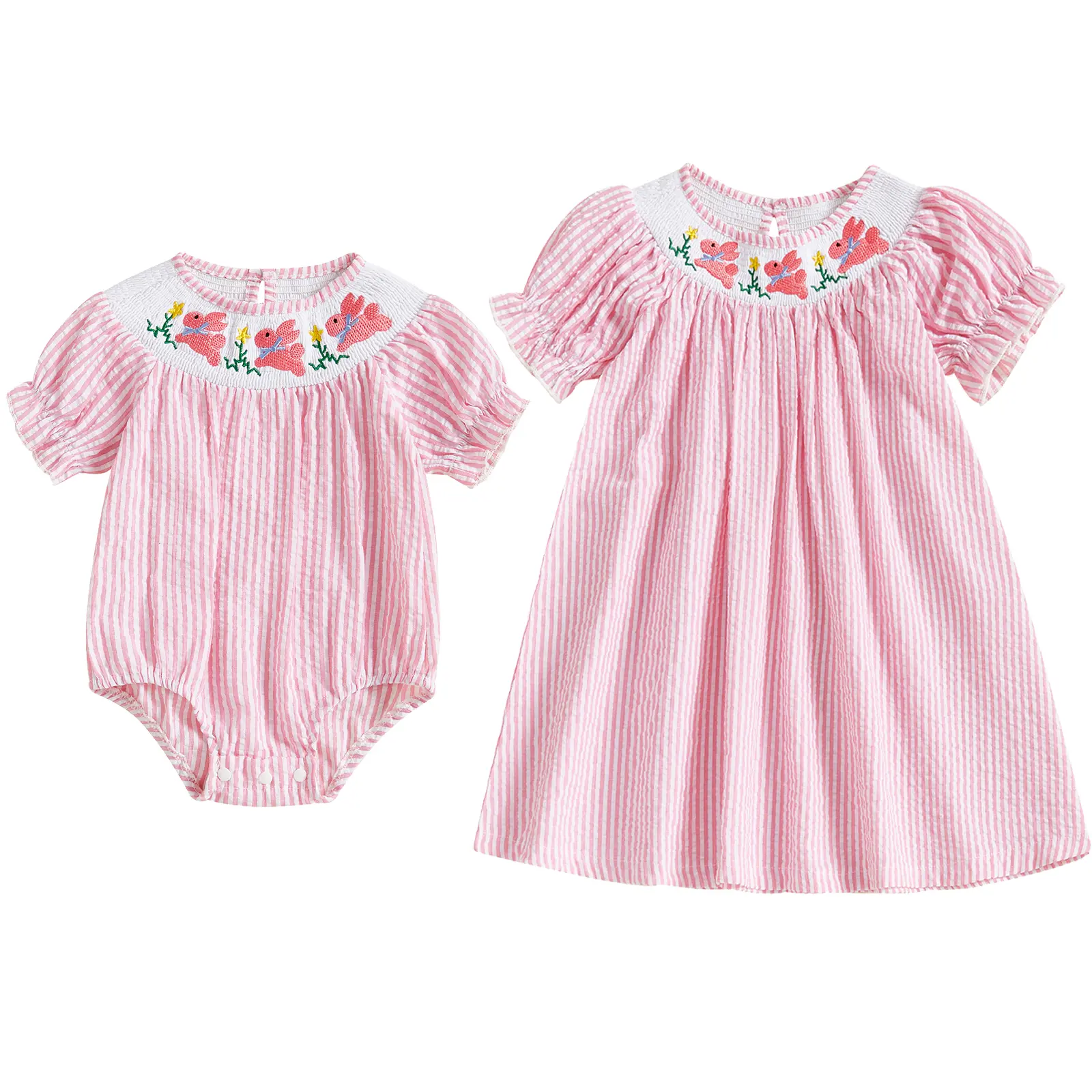 REDWOON Big/Little Sister Matching Easter Outfits Baby Girl Easter Outfit Smocked Romper Dress Rabbit Embroidery Short Puff Sleeves Bodysuit Jumpsuit Spring Clothes