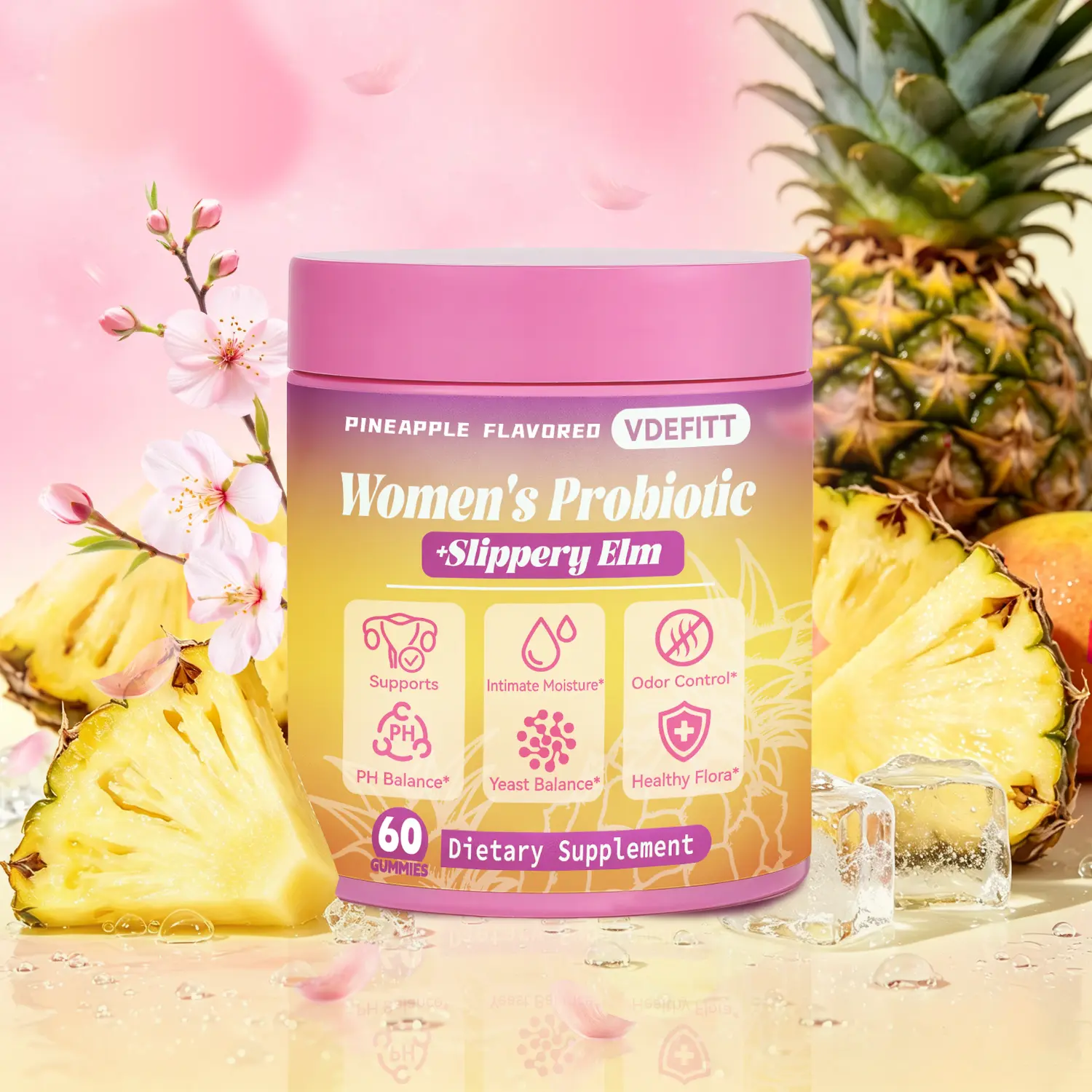 Women’s Feminine Probiotic Gummies | Pineapple Flavor | Slippery Elm with Prebiotics & Lactobacillus | Daily Support for pH Balance, Gut Health & Feminine Wellness | 60 Count