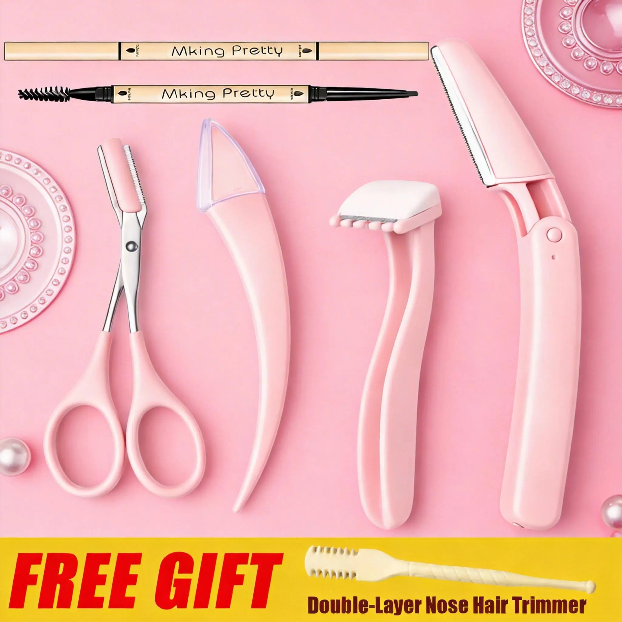 Unisex Compact Daily Eyebrow Shaping Makeup Kit - 5-Piece Face & Body Grooming Set with Eyebrow Scissors, Trimmer, Brush, Bonus Double-Sided Nose Hair Remover, Portable Beauty Tool for Home, Travel (Beauty & Personal Care), Brow Maintenance, Brown Eyebrow