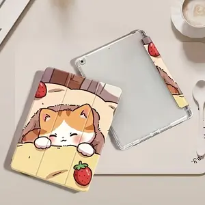 Cute Yellow Cartoon Cat iPad Strawberry Design Case - Auto Sleep/Wake, Adjustable Stand and Foldable Cover, Lightweight Soft Case for iPad 11 2025/10.9/Air 4-7/Pro 11/10th/9.7/10.5, Tablet Protection