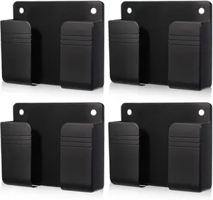 4 Pack Wall Mounted Phone Holder, Phone Stand Self Adhesive with Charging Hole, Compatible with All Smartphone Phone Cradle Bedside Organizer Remote Control Stand for Home Office