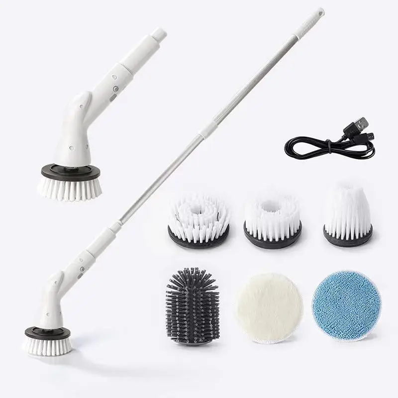 Electric Rotary Cleaning Brush, Long Handle Telescopic Rechargeable Floor Scrubber Brush with 5/6counts Replaceable Heads, Adjustable Durable Cleaning