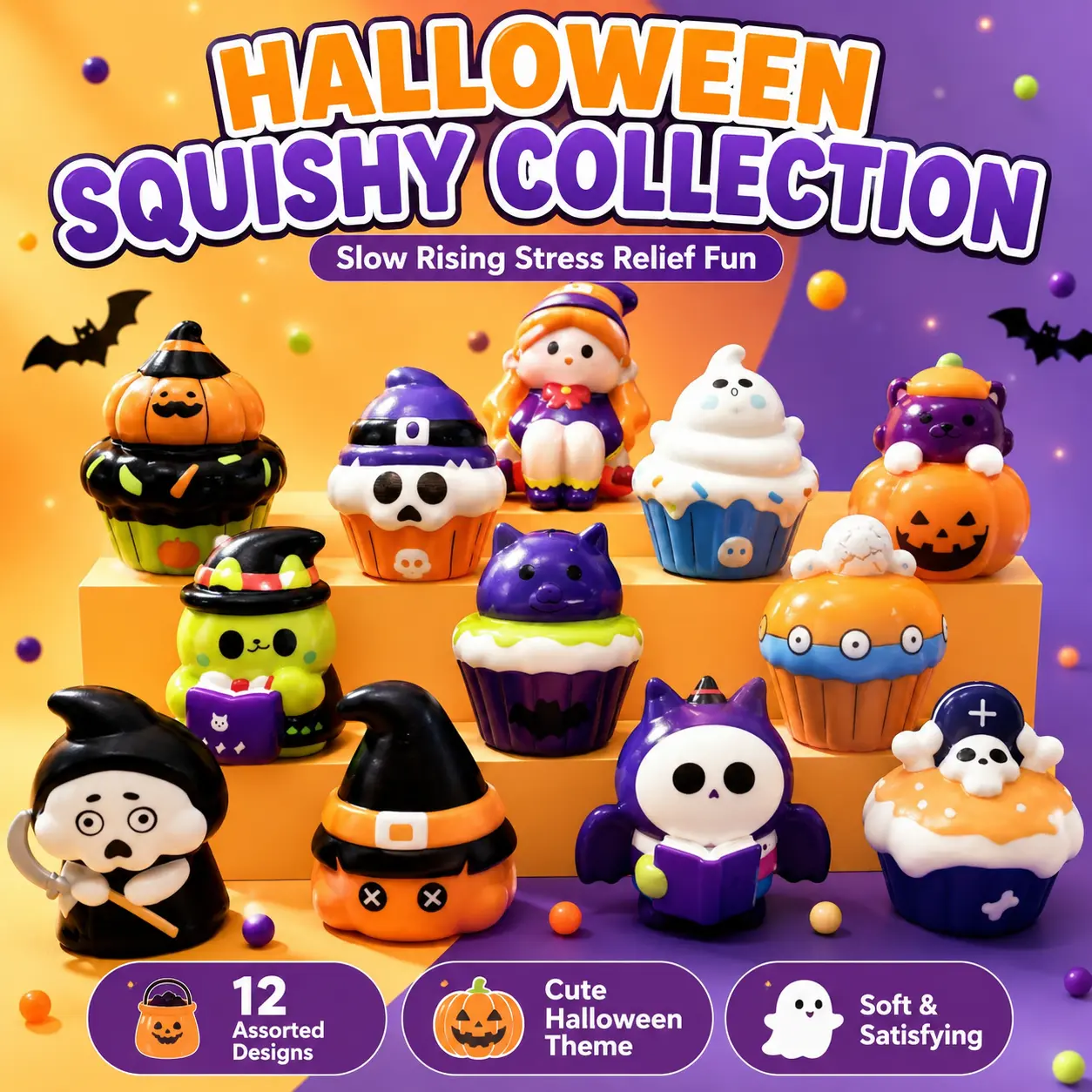 12 Pack Halloween Squishy Toys, Assorted Slow Rising Halloween Stress Relief Squeeze Toys, Cute Pumpkin Ghost Skull Cupcake Sensory Fidget Toys, Party Favors and Halloween Gifts