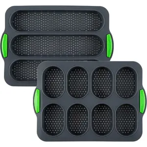 Set of 2 Nonstick Silicone Baguette Pans - 8 Gutter Perforated Baking Trays, 3-Wave Long Loaf Molds for French Bread, Hamburger Buns, Sandwich Rolls & Toast (Oven Safe)
