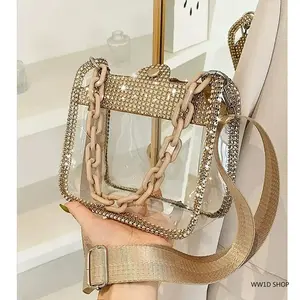 Clear Transparent PVC Crossbody Saddle Bag with Diamond Chain Strap, Lightweight Retro Shoulder Purse for Travel, Shopping and Daily Use
