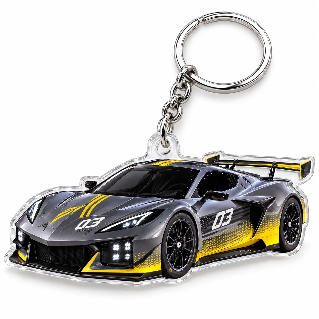 Corvette C8 Race Car Keychain, Gray and Yellow Number 03 Sports Car, Acrylic Key Ring, Motorsport Backpack Charm, Gift for Corvette Lovers
