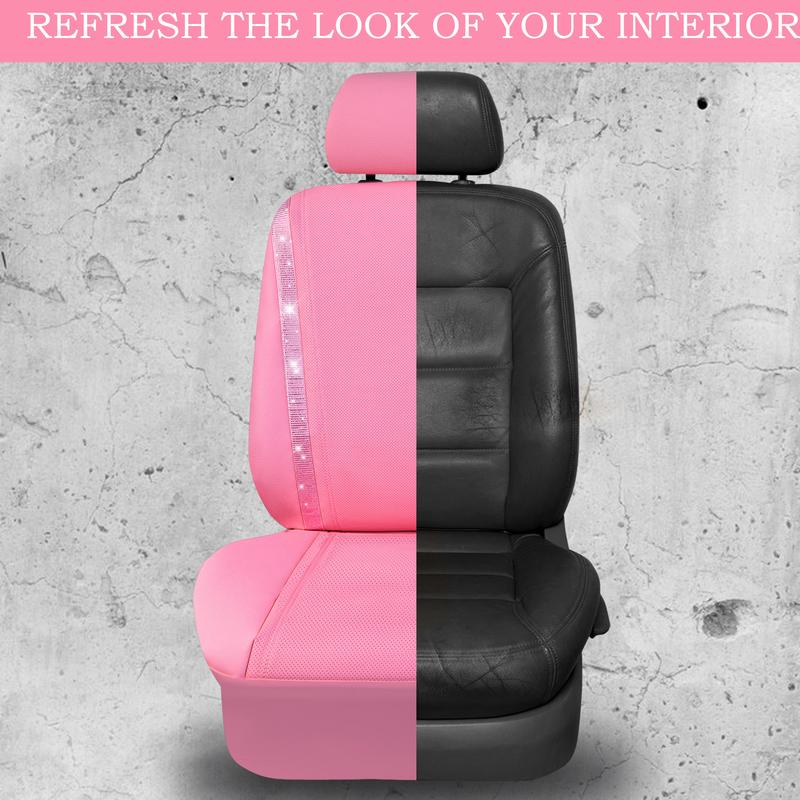 CAR PASS Bling Car Seat Covers,Shining Rhinestone Waterproof Faux Leather Pink Accessories Universal Fit Auto Glitter Crystal Sparkle,Cute Women Girl