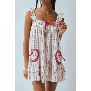 Women's Ruffle Strap Mini Dress Sleeveless Square Neck Bow Front Flowy Dress Summer Babydoll Dress