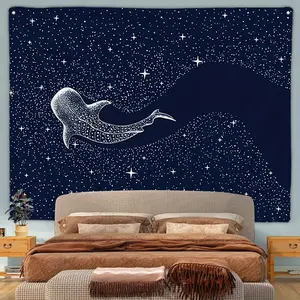 Ocean Animal Blue Whale Print Tapestry,  Polyester Wall Hanging for Living Room, Bedroom Decor, Horizontal Orientation, Knitted Peach Skin Velvet Fabric, Island, Sofa, Background Wall Home Art Decoration
