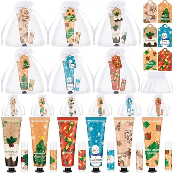 Christmas Hand Cream and Lip Balm Gift Set for Women Men Christmas Party Favors Stocking Stuffers Mini Hand Lotion Travel Size for Dry Skin with Greeting Card Organza Bags Winter Wedding Bridal Shower Party Supplies for Coworker Employee Guest Volunteer