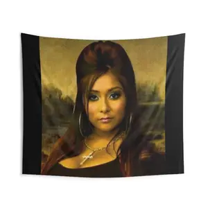 Snooki Mona Lisa Graphic Wall Tapestry - Black Background with Detailed Portrait, Knit Polyester Fabric, Horizontal Design for Home Decor, Art