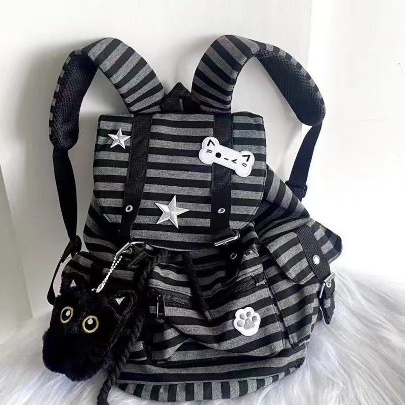 Punk Style Cat Paw Print Bone Star Colorblock Striped Multi Pocket Backpack Fashion Casual Unisex Large Capacity Bag Water Resistant Durable For Commuting School Travel Trendy Backpack