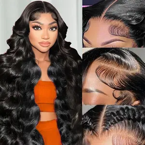 GK 13x6 HD Lace Front Wigs Human Hair Pre Plucked Pre Bleached 200 Density Body Wave Frontal Wigs Human Hair For Women 30 Inch Natural Black