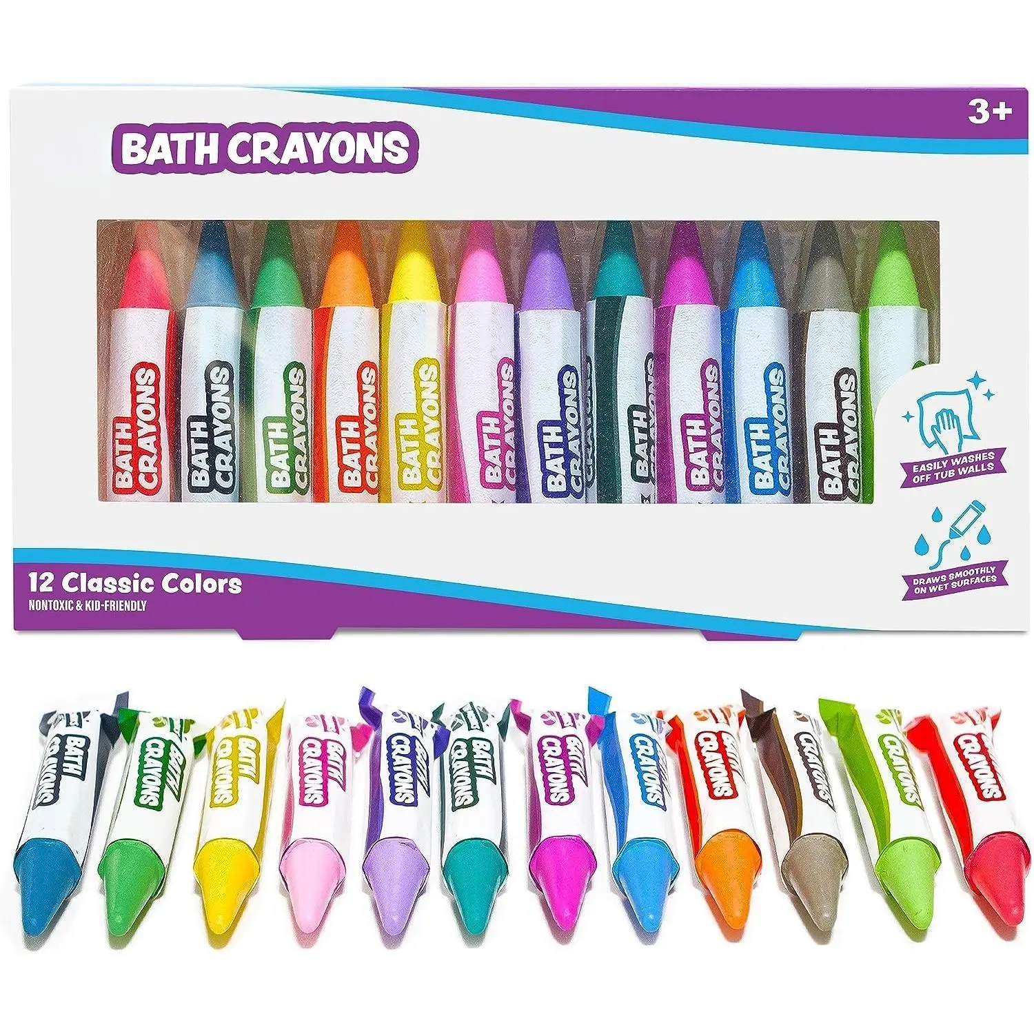 Bath Crayons Bath Toy, 12 Pack |   Nontoxic, Washable Bath Crayons for Toddlers & Kids |   Unique Formula Draws Smoothly & Vividly on Wet & Dry Tub Walls |   Scented Crayons