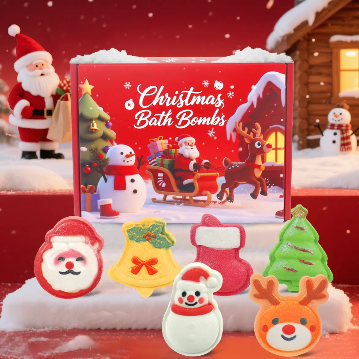 iHave SD-6 Unisex 6-Piece Colorful Festive Christmas Gift Box Set - Handmade Packaging with Santa, Snowman, Reindeer, Tree, Bells, Stocking, Cosmetic-Safe Fizzing Bath Fizzies, Holiday Stocking Stuffers for Child's Relaxing Bath Time
