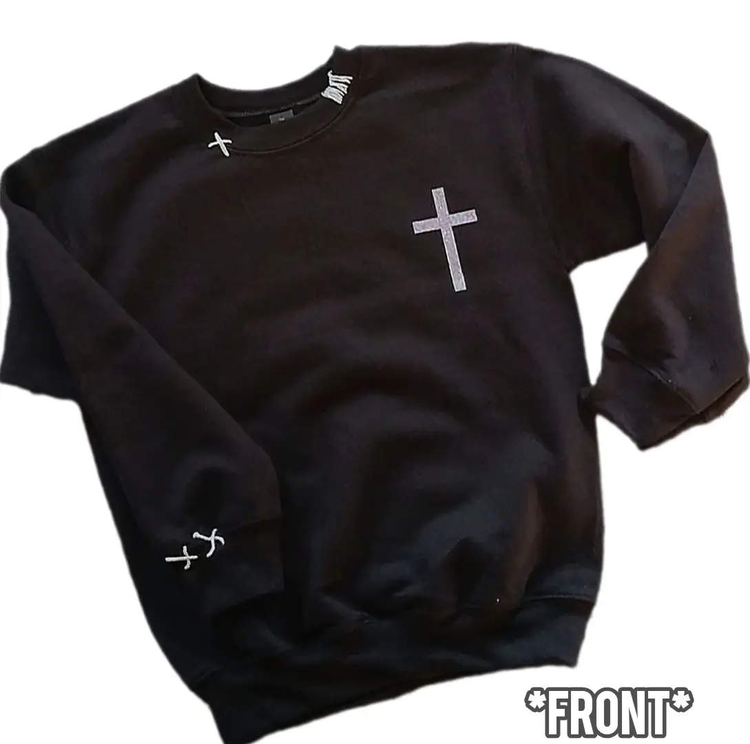 Womens "Child of God" Sweatshirt Black with Iridescent Glitter Cross Design & Vinyl Prayers Hand Stitched Details US