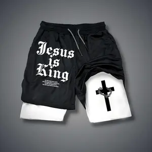 [Viral] Christian Clothing Double-Layer Sports Shorts Graphic Shorts Black Shorts Camo Shorts Streetwear Shorts Men Outfits Men Short Shorts Vacation Outfits Shorts