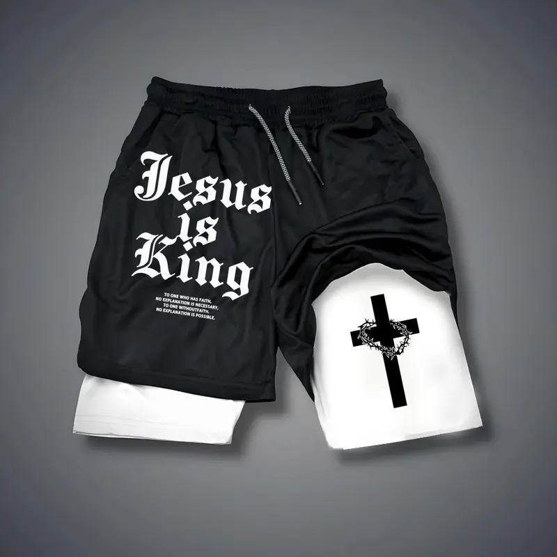 [Viral] Christian Clothing Double-Layer Sports Shorts Graphic Shorts Black Shorts Camo Shorts Streetwear Shorts Men Outfits Men Short Shorts Vacation Outfits Shorts