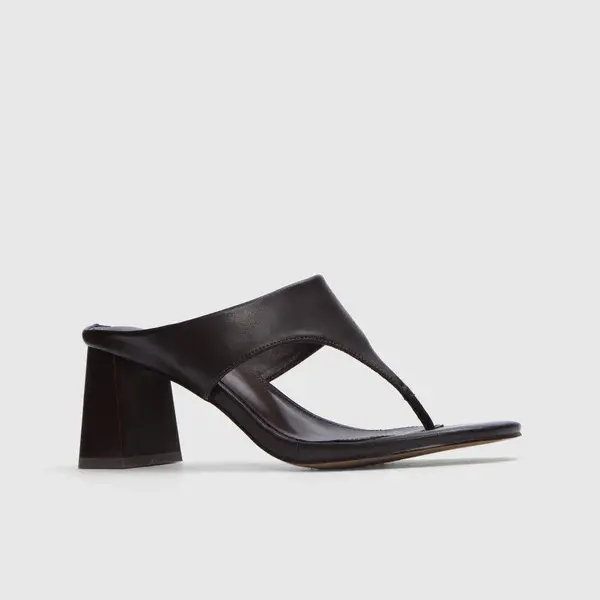 JUST FAB Women's Backless Thong Mule Sandals - 2.5" Chunky Block Heel Footwear, Slip-On, Square Open Toe, Cutout Wide Strap, Trendy Dressy Summer Beach Heels for Women