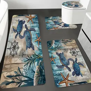 4pcs/ Set Sea Turtles, Seaweed and Starfish Printed Bathroom Protective Mat Set.Tapis De Protection.Pad.Almohadilla Protectora.Non-slip Bathroom Mat, Flannel Bathroom Mat, Bathroom Floor Mat, Toilet Mat Universal Soft Comfortable, Home Decoration