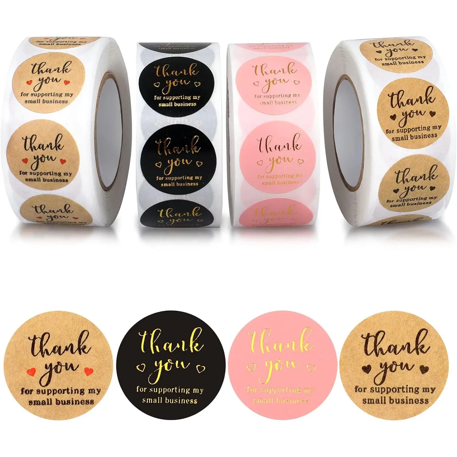 Thank You Round Self-Adhesive Sticky Labels for Small Business Bakeries, 3-Color, 1in PVC Labels for Candy Bags Labeling, 2000Pcs (4 Rolls, 500 Count Each)