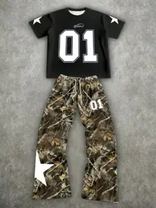 Men's 2-Piece Set, Loose Fit Sporty Camouflage Short Sleeve T-Shirt & Pants, Casual All over Print Suit, Below the Ankle Length