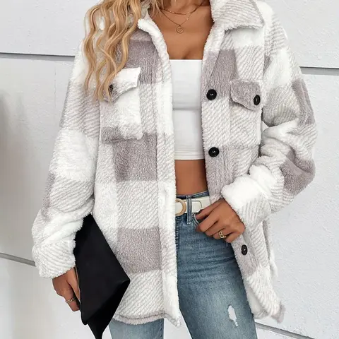 [Plus Size] Plaid Print Button Front Fuzzy Jacket, Everyday Jackets, Casual Warm Outerwear, Casual Long Sleeve Collared Pocket Outerwear for Fall & Winter, Women's Christmas and New Year Clothes for Daily Wear
