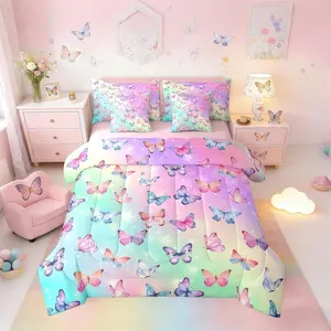 Butterfly Comforter Bed Set with Sheets,Pink Blue Butterfly Bedding Set,7 Piece Kids Girls Women,Purple Rainbow Colorful Gradient Fitted Flat Sheet Set