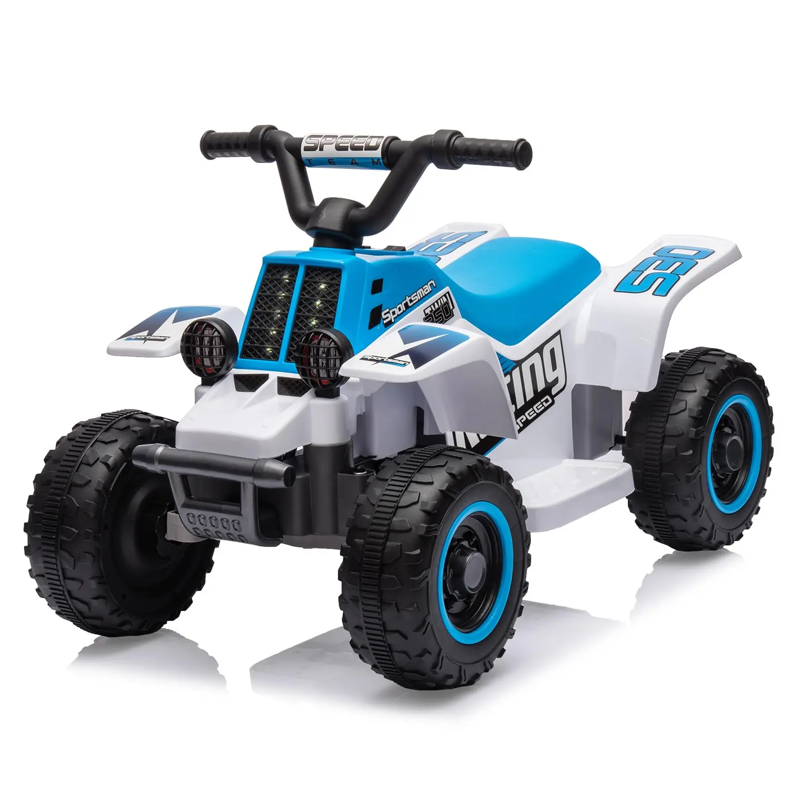 Gaomon 6V All-Terrain 4-Wheeler Quad ATV Ride-On Car for 3-4 Years, 1.76MPH Max Speed, Rechargeable Battery, Rubber Handles, Push-Button Accelerator, Built-In Speaker, LED Headlights, USB Port, Blue Indoor Riding Boys’ Toy Gift, Four Wheeler