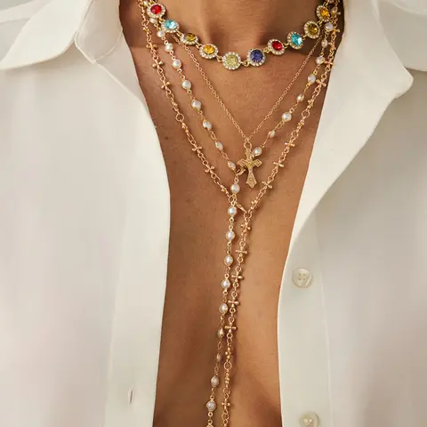 Boho Style Alloy Chain Necklace Set Colorful Pendant Jewelry for Women, Necklaces Set, Necklace Stack, Stackable Necklace