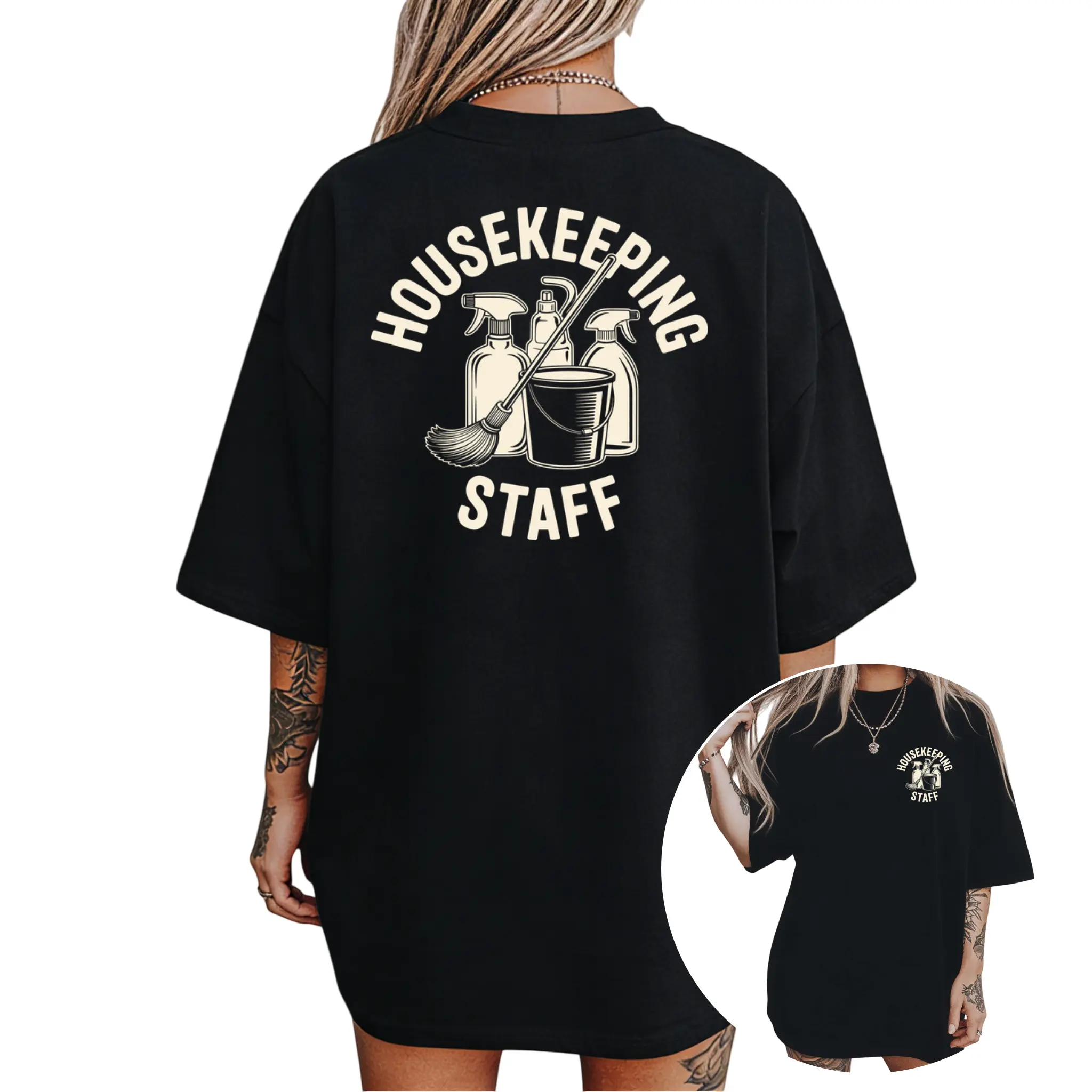 Women's HOUSEKEEPING STAFF Graphic T-Shirt - Pure Short Sleeve Round Neck Casual Top with Bucket Mop Print, Suitable for Summer Beach, Vacation & Daily Wear, Machine Washable Gift Apparel for Housekeeping Staff Uniforms