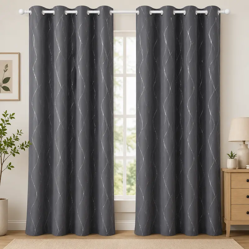 Deconovo 2-Panel Blackout Grommet Curtains - Aesthetic Neutral Wave Print, 4m Thermal Insulated Blackout Liner Drapes, Durable Home Decoration Curtain for Bedroom