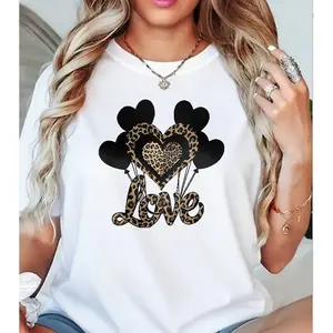 Leopard Print Love Heart Balloons Cotton Tshirt Womens Casual Loose Fit Trendy Fashion Graphic Tee For Spring