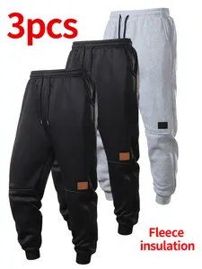 Men's Fleece Lined Jogger Pants, Warm Casual Drawstring Sweatpants with Pockets, 3 Pack Winter Running Trousers for Men, Casual Fleece Joggers