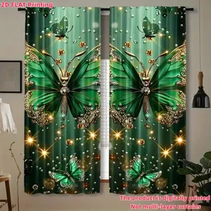 2pcs Green Glitter Butterfly Curtains - 2D Flat Printing, Rod Pocket Design, Semi-Transparent Polyester Fabric for Bedroom, Living Room, Kitchen, Office Home Decor, Curtains for Living Room