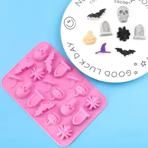Halloween Chocolate Mold Silicone,18 Cavity Candy Gummy Mold with Pumpkin Wizard Hat Bat Spider Tombstone for Baking Chocolate Jelly Gummy Dessert