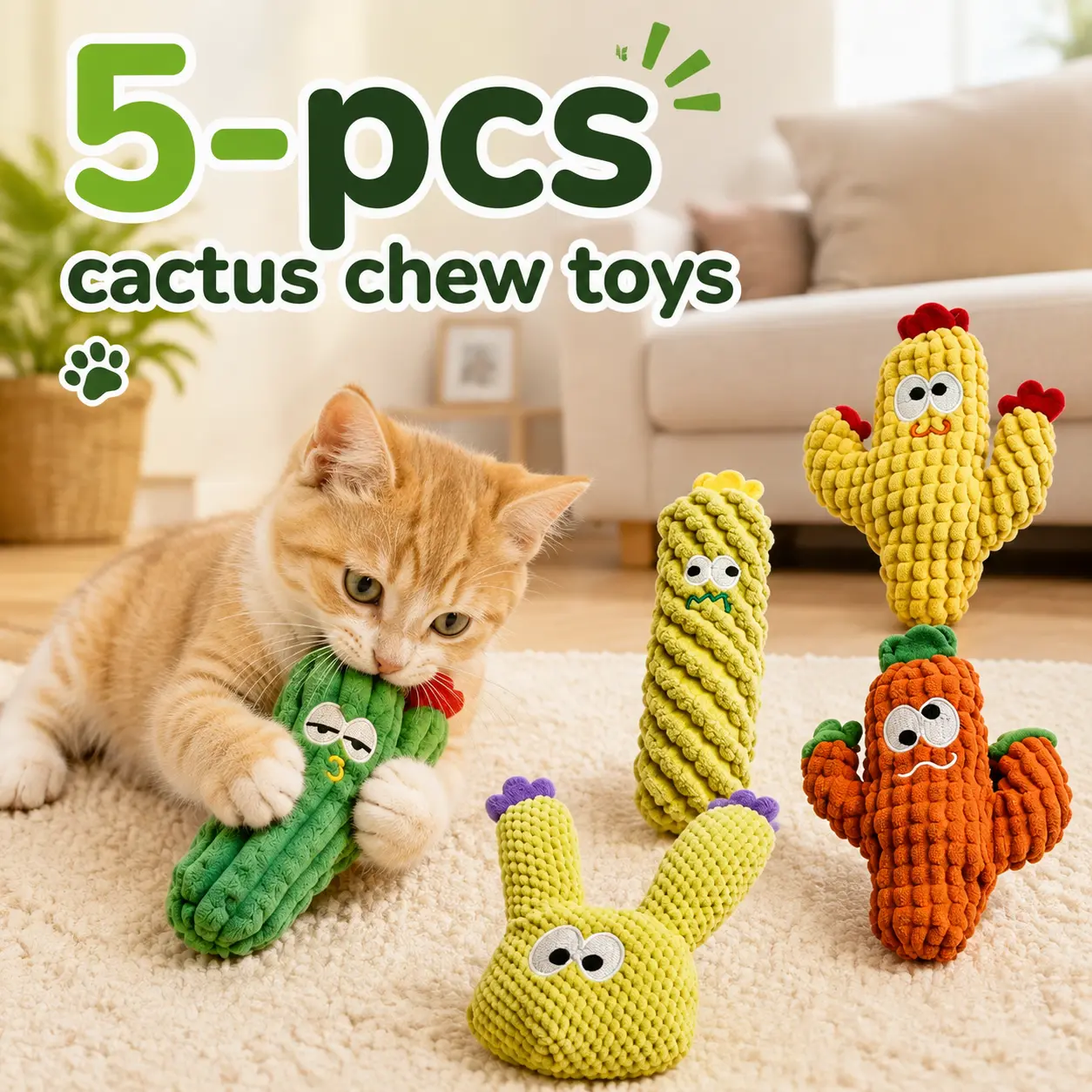 5-piece set of cactus-shaped catnip cotton chew toys,Interactive Cactus Kitten Toy for Anxiety Relief, Soft Cute Teething &Chew Toys, 5 Pack