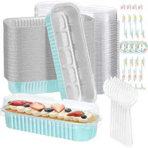 PLL 100 Pack Mini Cake Pans with Lids and Spoons,6.8oz Mini Loaf Pans with Lids Cake Tins Rectangular Aluminum Foil Baking Pans with Sealing Sticker Cheesecake Containers