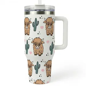 Cute Highland Cow & Cactus 40oz Insulated Cup, 2026 Summer Travel Essential, Western Floral Pattern Stainless Steel Mug, Large Capacity Car Cup Holder Friendly, Keeps Cold 24H