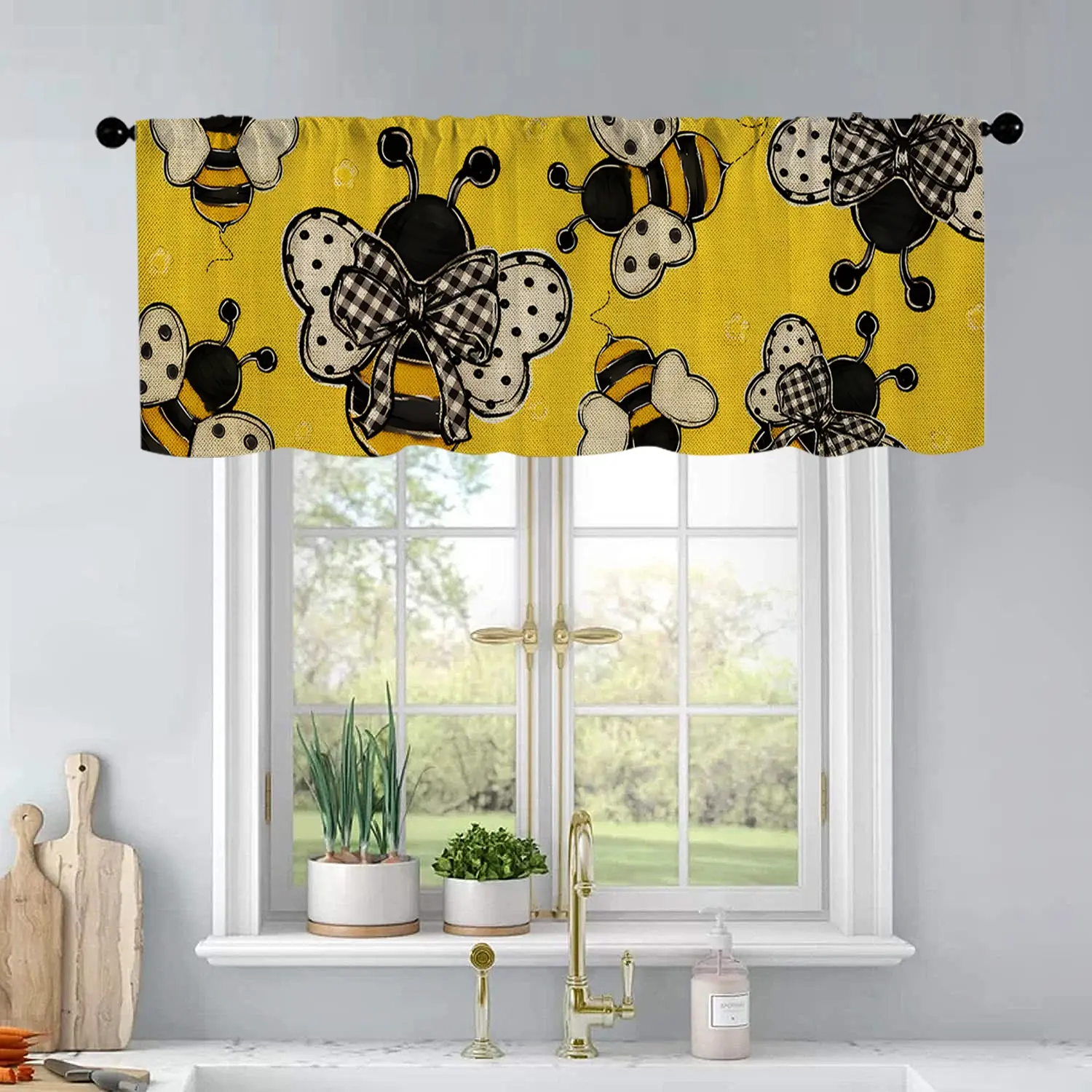 1 Summer Abstract Cute Bee Bow Yellow Linen Background Printed Kitchen Curtains Curtain Living Room Bedroom Bathroom Home Decor 54 Inches * 18 Inches