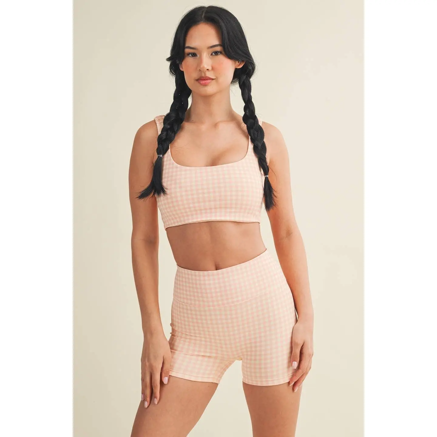 Women's Gingham Print Rouched Elastic Bra Top - Spandex Innerwear, Machine Washable Activewear for Athleisure Casual Chic Style