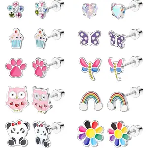 Sanfenly 10 Pairs Hypoallergenic Surgical Steel Screw Back Earrings Set for Girls Age 8-12, Cute Kids Stud Earrings