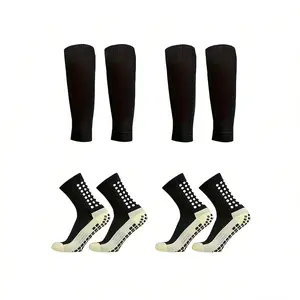 2 Set Soccer Socks with Shin Guard Sleeves | Non-Slip Grip Athletic Sports Socks for Men & Women