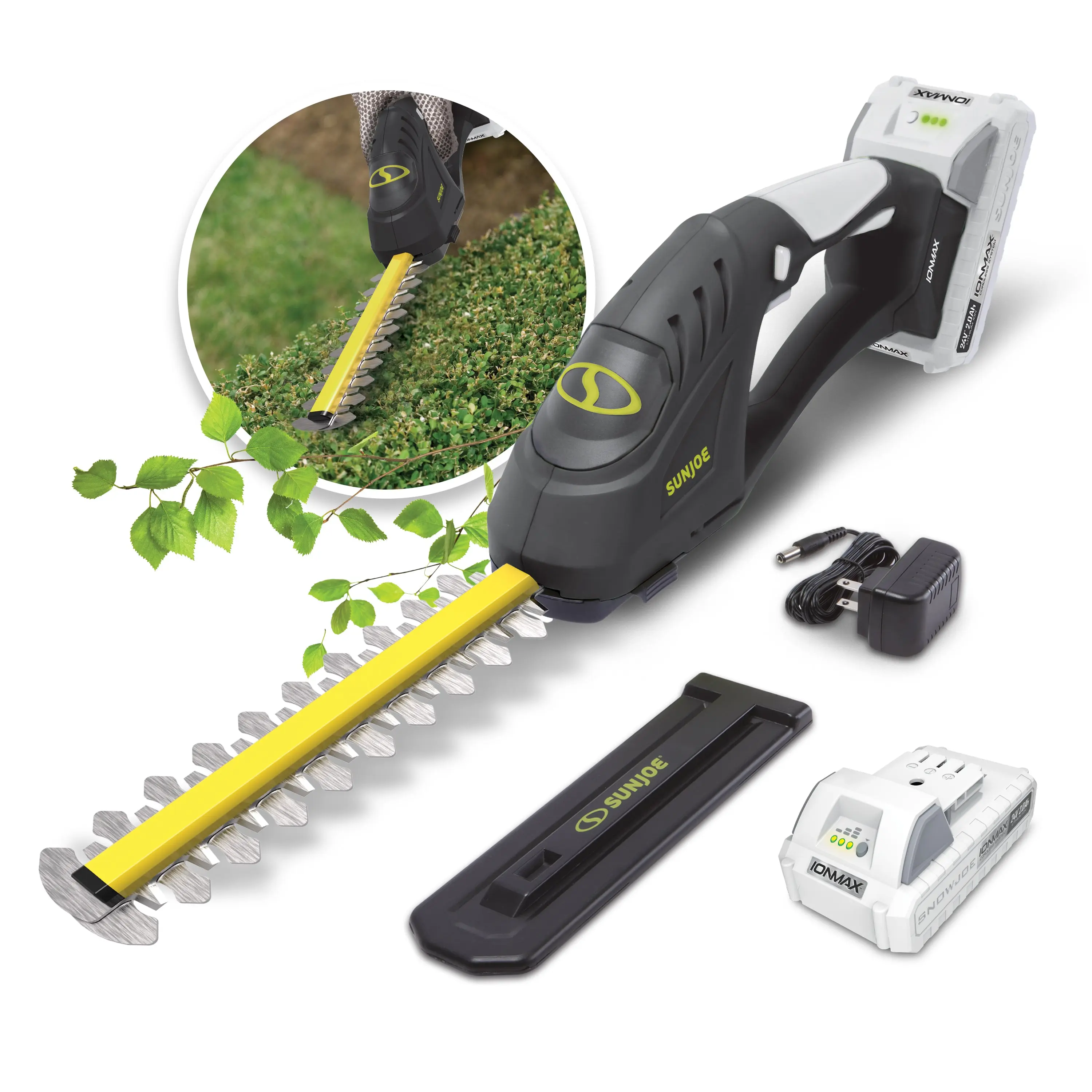 Sun Joe 24V IONMAX Cordless Handheld Shrubber & Trimmer Kit, 7-Inch, W/ 2.0-Ah Battery + Charger, Grass Cutting Tool, Safety Start Switch