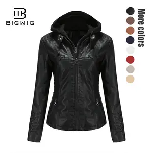 Women's Black PU Leather Biker Jacket with Removable Hood Faux Leather Motorcycle Coat Long Sleeve Street Fashion S-XL Outerwear