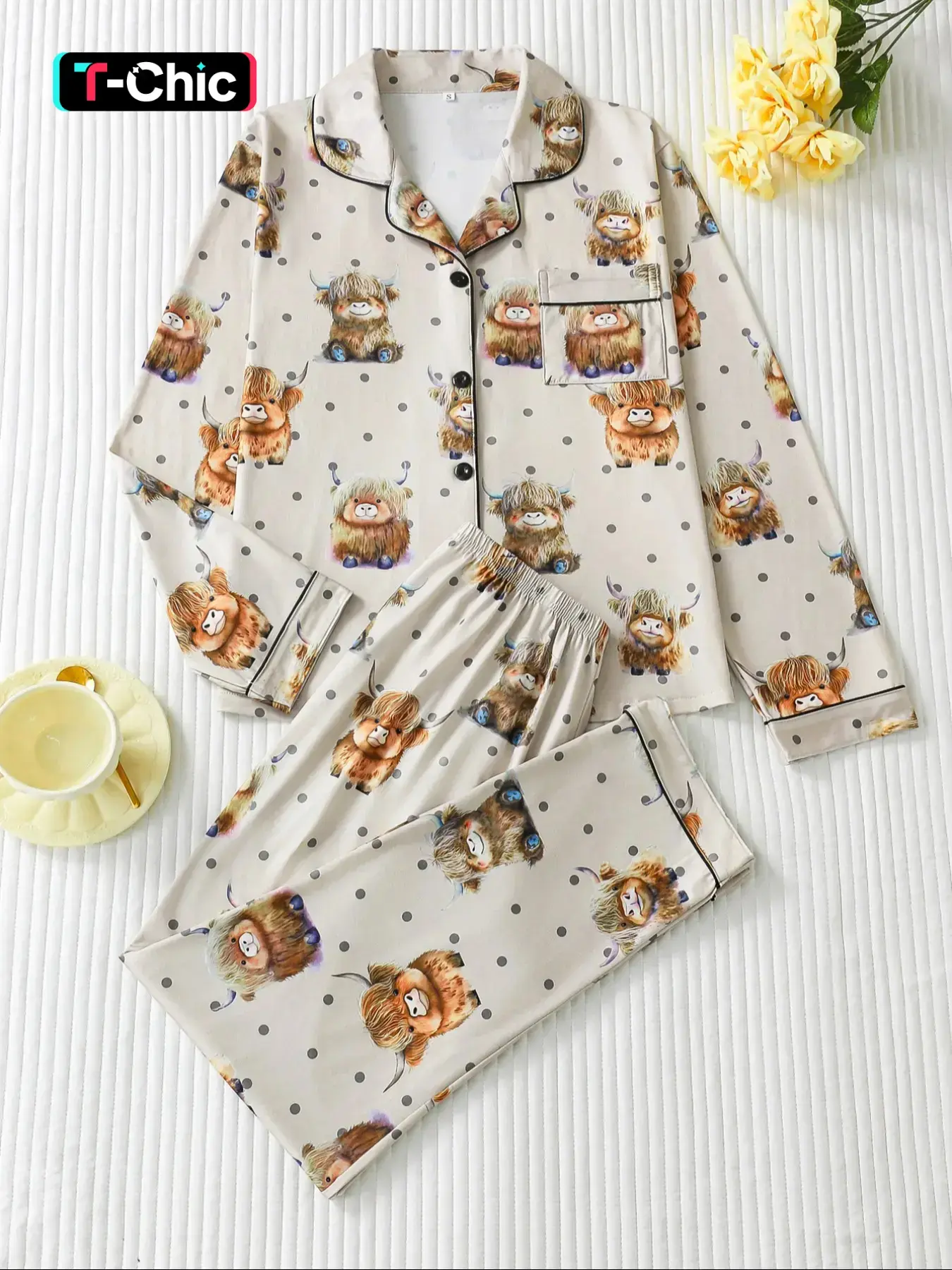 Women's Long Sleeve Sleepwear Loungewear Set, Pyjamas, Cute Animal Print Pajamas, Button Front Top & Elastic Waist Pants, Casual Spring & Fall Home Wear