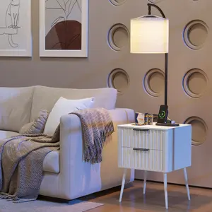 Dystler Fluted nightstand with - with 3-Color Lights and Lampshades,Modern Night Stand with Charging Station and Motion Senor,LED Bedside Table with 2 Drawers,Tall Side Table for Bedroom