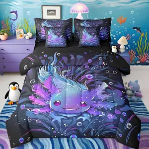 Feelyou 7-Piece Animal Theme Axolotl Print Microfiber Bedding Set - Ultra-Soft Multi-Size Bed-in-a-Bag for Kids, Includes Comforter, Fitted Sheet, Flat Sheet, Pillowcases & Cozy Blanket