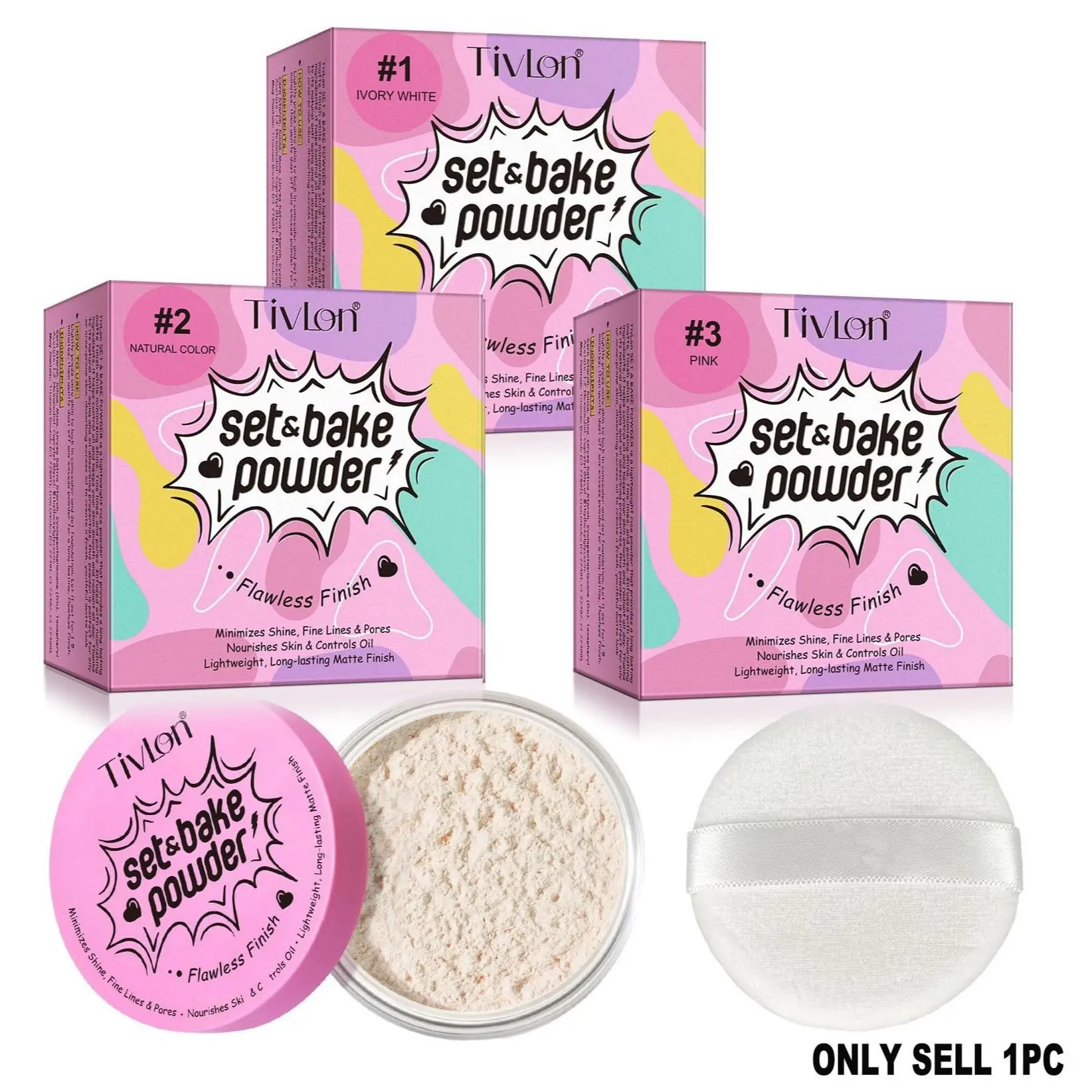 Tivlon Loose Powder, Face Setting Powder, Makeup Setting Powder, Matte Finish, Flawless, Long-Lasting, Oil-Control, Waterproof, Invisible Pores, Three Colors, Suitable for All Skin Types