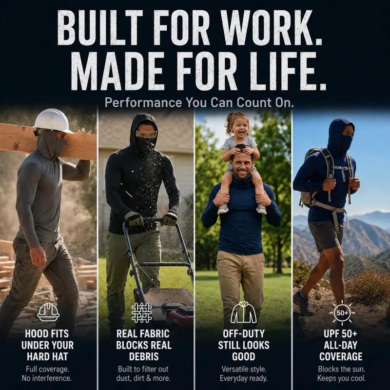 Men's 6-Pack Slim Fit Compression Sun Hooded Activewear Training Shirts - Breathable, Quick-Dry, Lightweight, UPF Long-Sleeve Polyester Clothes with Attached Face Mask, Machine Washable, All-Season Muscle Support Tops for Fishing, Biking